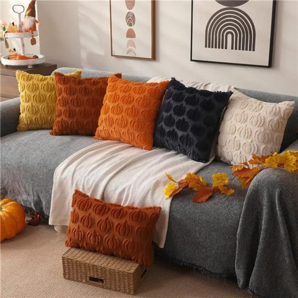 Set of 2 Fall Pillow Covers 18x18 - Pumpkin & Faux Fur Throw Pillow Cases for Ho
